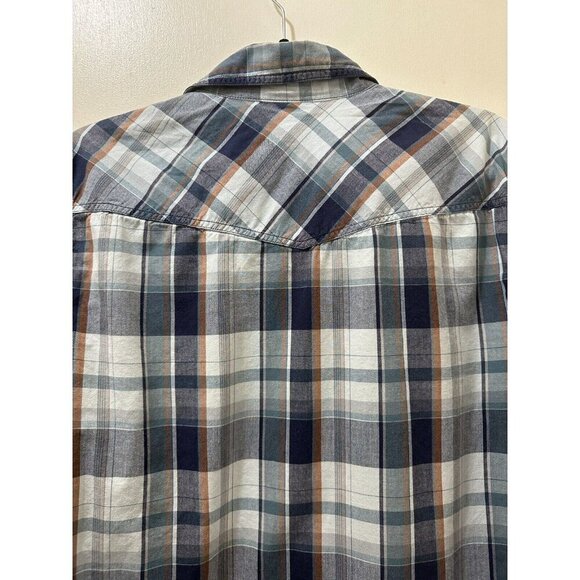 2/$30 Fossil 54 Vintage Fit Plaid Pearl Snap Button Up Shirt Mens M Blue Western - Picture 9 of 9